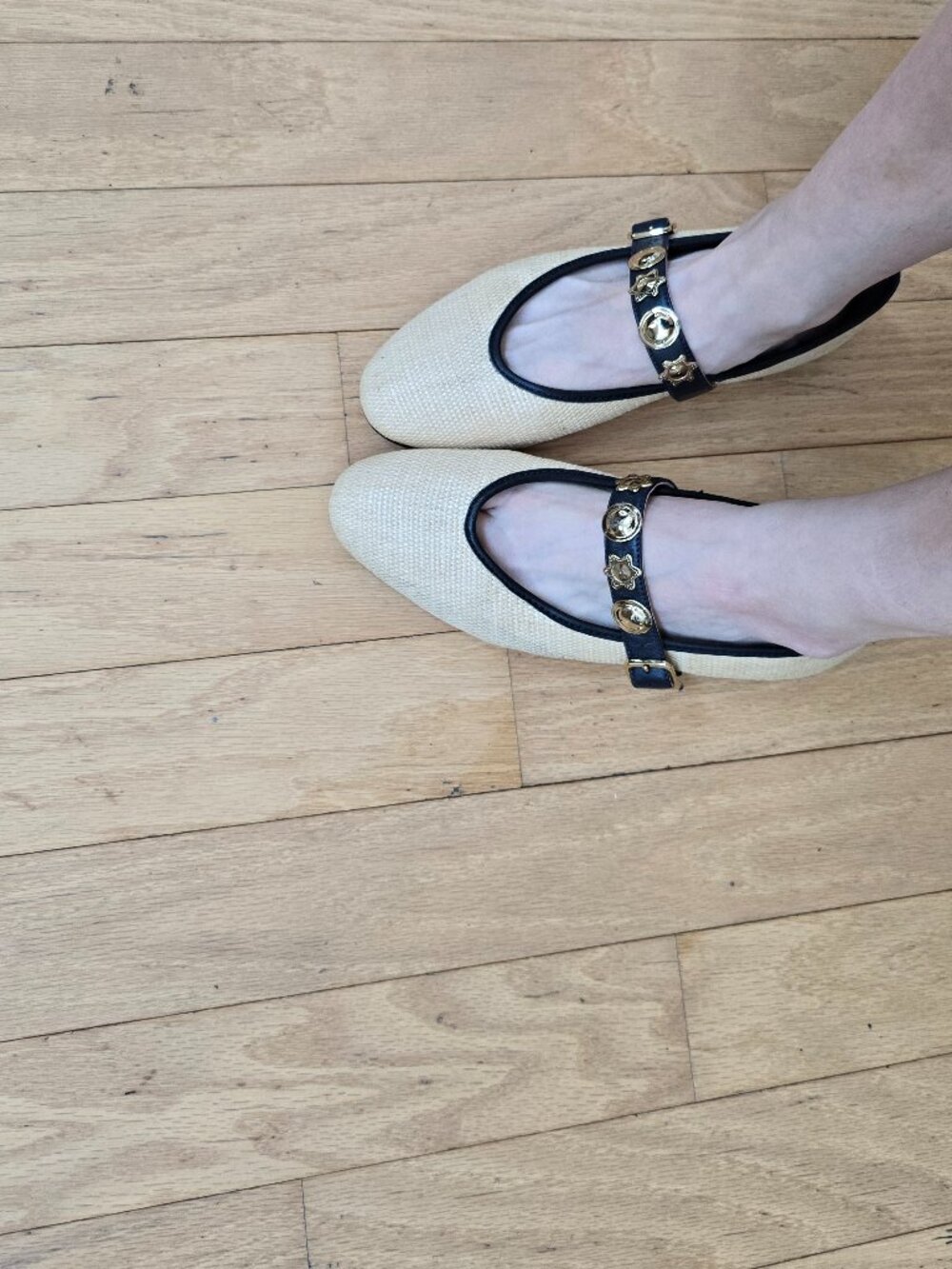 Madewell | The Remy tan straw gold charm accent Mary Jane flats | WMS 8